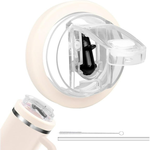 Spill Proof 40oz Tumbler Lid with Flip Straw Cover and Silicone Accessories Cream White