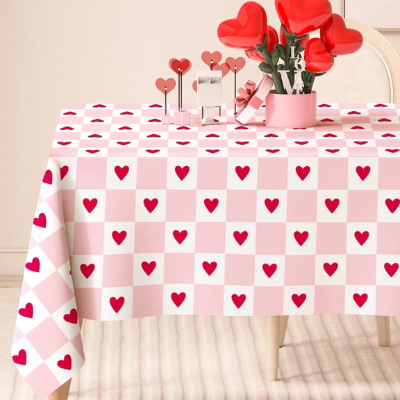 Valentine''s Day Rectangle Tablecloth Fabric Table Cloth Pink White Red Hearts Plaids Love Heart Table Cover for Wedding Anniversary, 60 x 104 Inch