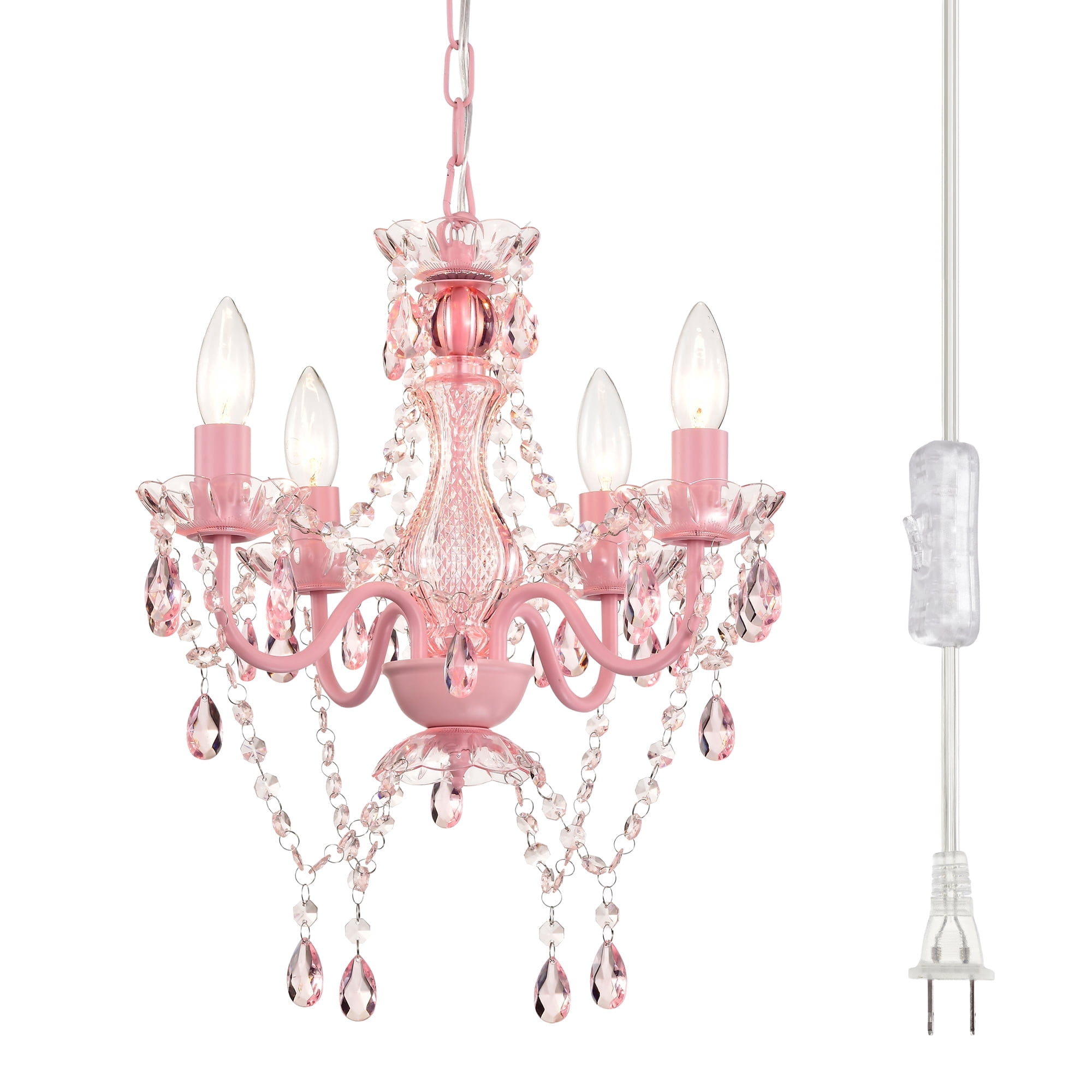 LALULA Modern Pink Finish Plug-In Crystal Chandelier 5-Light Acrylic Hanging Light Fixture with Cord for Bedroom Dining Room