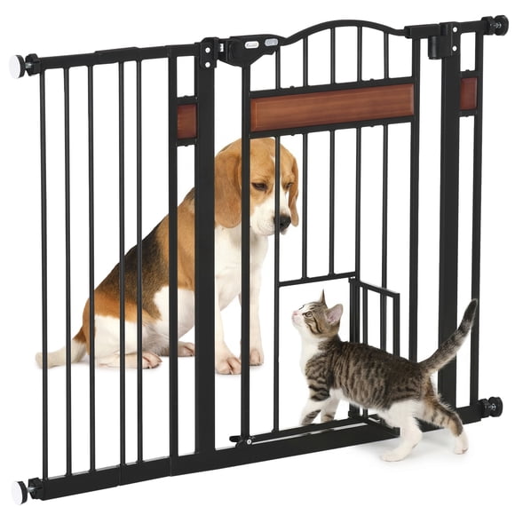 PawHut 29.1''-41.3'' Extra Wide Dog Gate with Cat Door for Doorways, Black