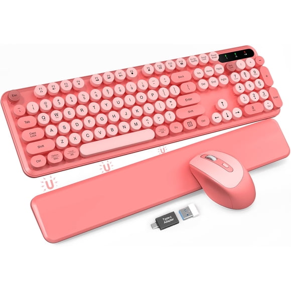 Wireless Keyboard and Mouse - Cute Typewriter Keyboard with Detachable Wrist Rest, Retro Round Keycaps, Foldable Legs, 2.4GHz Full-Size Keyboard Combo for
