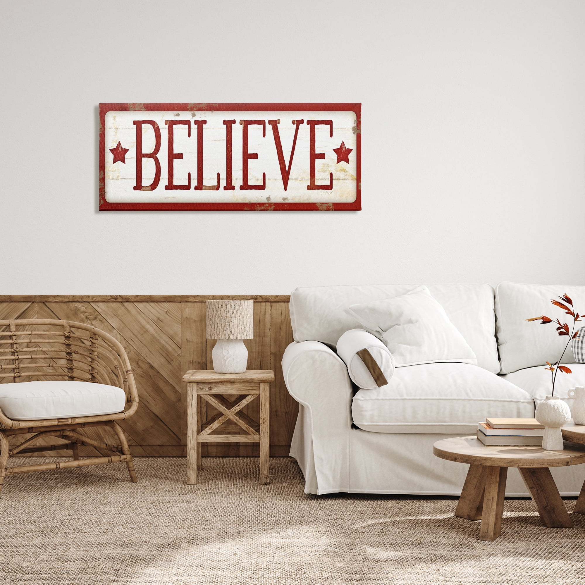 Stupell Industries Believe Red Christmas Phrase Holiday Painting Gallery Wrapped Canvas Art Print Wall Art, 48 x 20