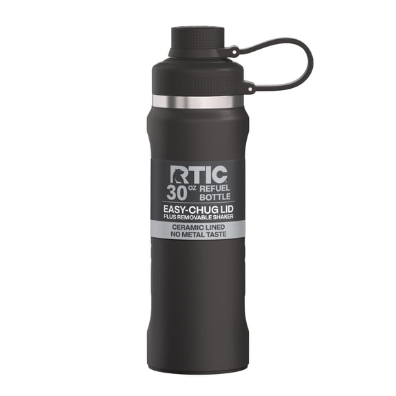 RTIC 30 oz Ceramic Lined Insulated Refuel Water Bottle, Leak Proof with Removable Shaker, Black