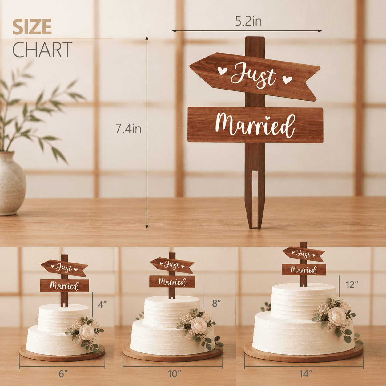 Rustic Just Married Cake Topper - Double-sided Wooden Wedding Sign For Bride And Groom Engagement Bridal Shower Anniversary Party