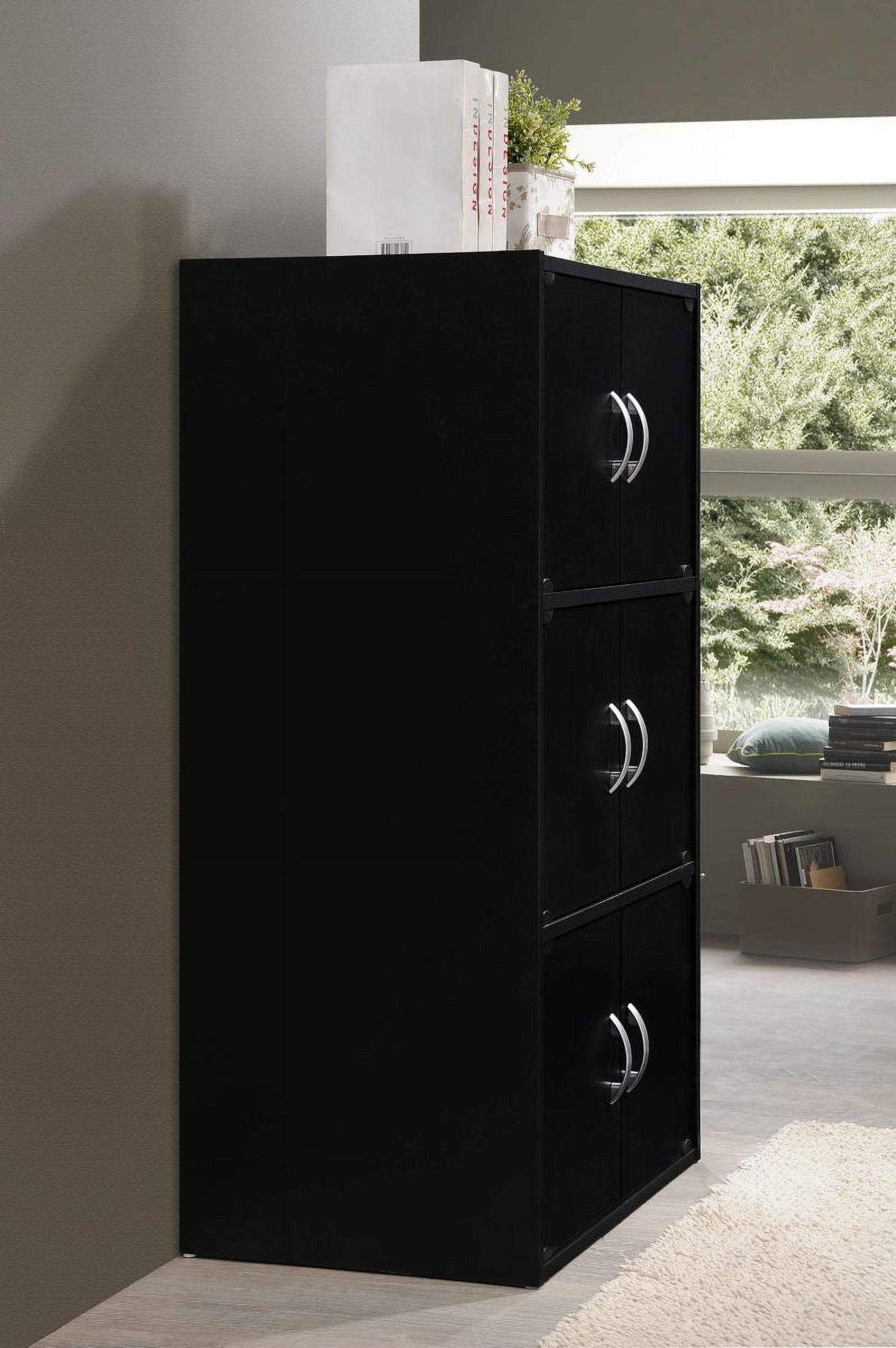 Hodedah 3-Shelf, 6-Door Multipurpose Bookcase, Black
