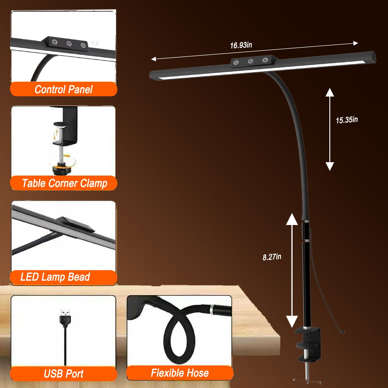 DKTIOP LED Desk Lamp for Home Office, Flexible Hose Adjustable Architect Light with 5-Level Dimmable Eye-Caring Light, for Working Reading Crafting