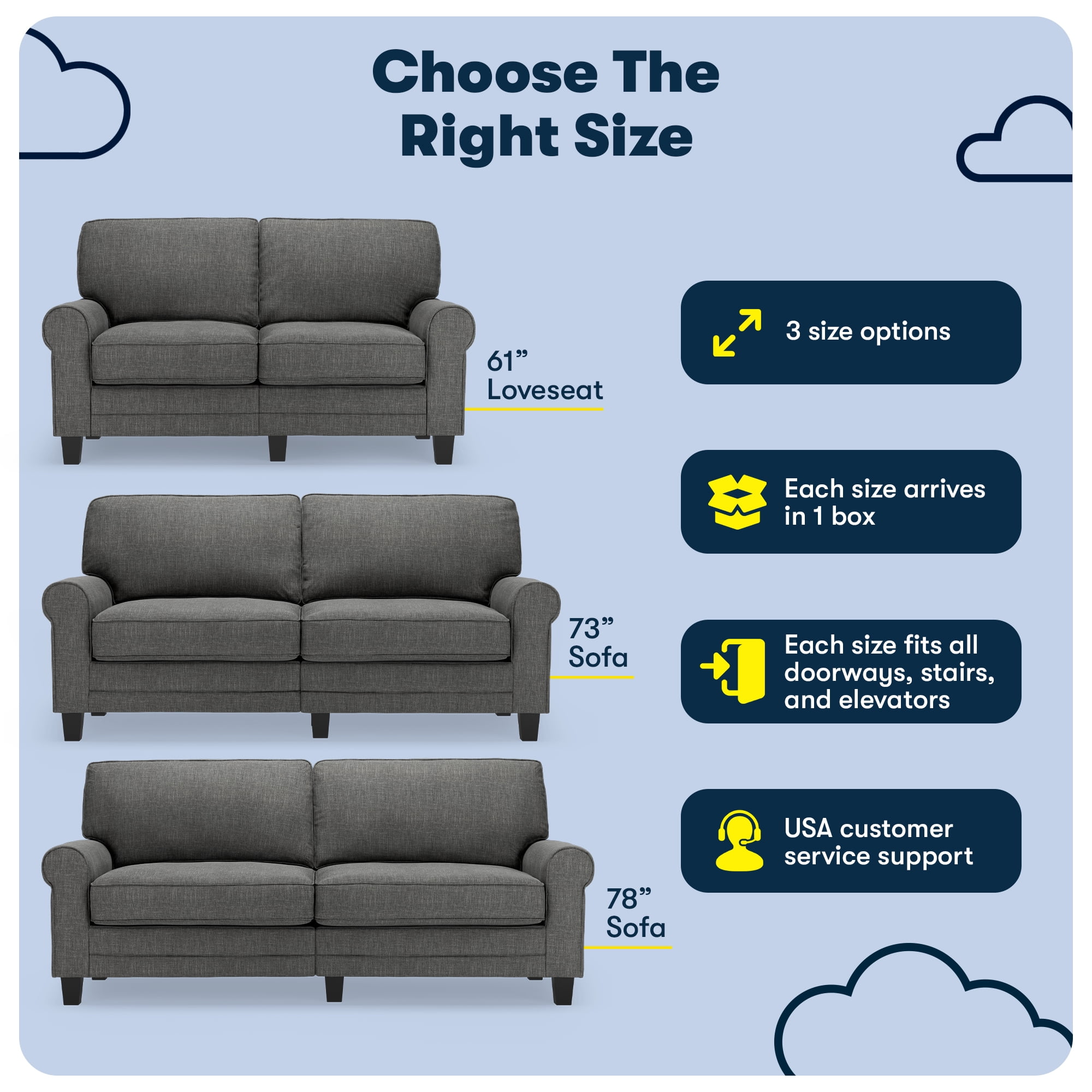 Serta Copenhagen 78" Rolled Arm Sofa, Easy Care Polyester, Loveseat or Couch for Small Spaces, Gray
