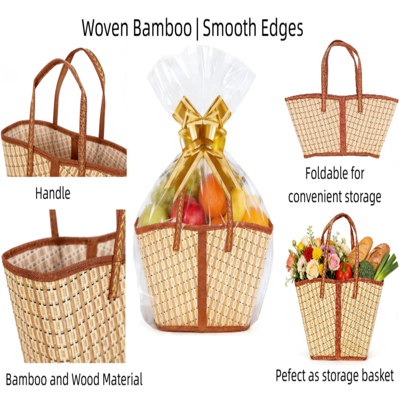 Forautely 6-Pack Large Foldable Bamboo Gift Baskets with Handles – Extra Big DIY Woven Set with Cellophane Bags, Bows, Cards for Mother's Day, Wedding, Easter, Birthday, Christmas