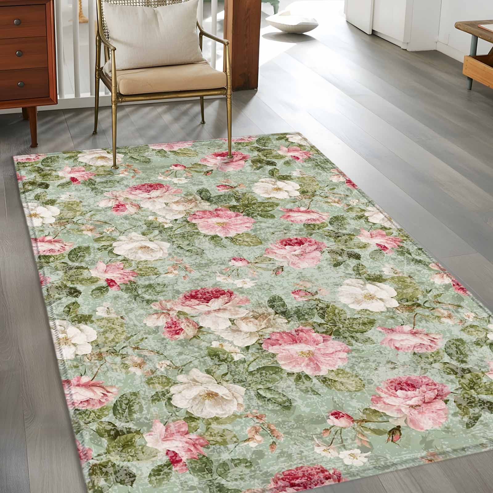 Hallway Runner Rugs 2.7x5 Ft, White Pink Flower Non Slip Area Rugs for Kitchen Bedroom Entryway, Shabby Chic Spring Vintage Leaf Green Washable Carpet Runner Rug Floor Mats for Bedroom Home Decor