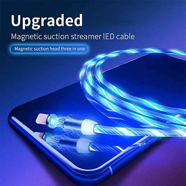 Blue 2 Packs,5 ft Flowing LED Magnetic Charging Cable.3 in 1 Cable，Compatible with Mirco USB Type C Smartphone and iProduct Device