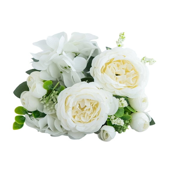 Artificial White Peony And Hydrangea Bouquet 11.8 Inch Lifelike Fake Flower Arrangement With Greenery For Wedding Table Centerpiece Home Office Decor