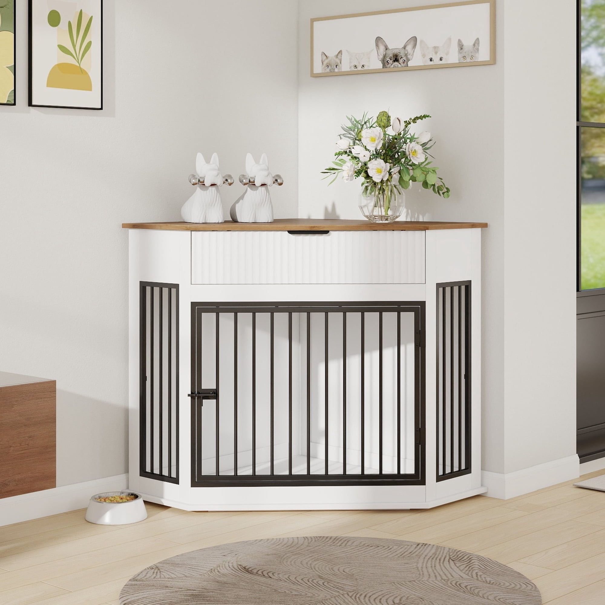 Noble House 44.6 Corner Wooden Dog Crate Furniture with Fluted Storage Drawer Modern Cabinet for Home Décor White