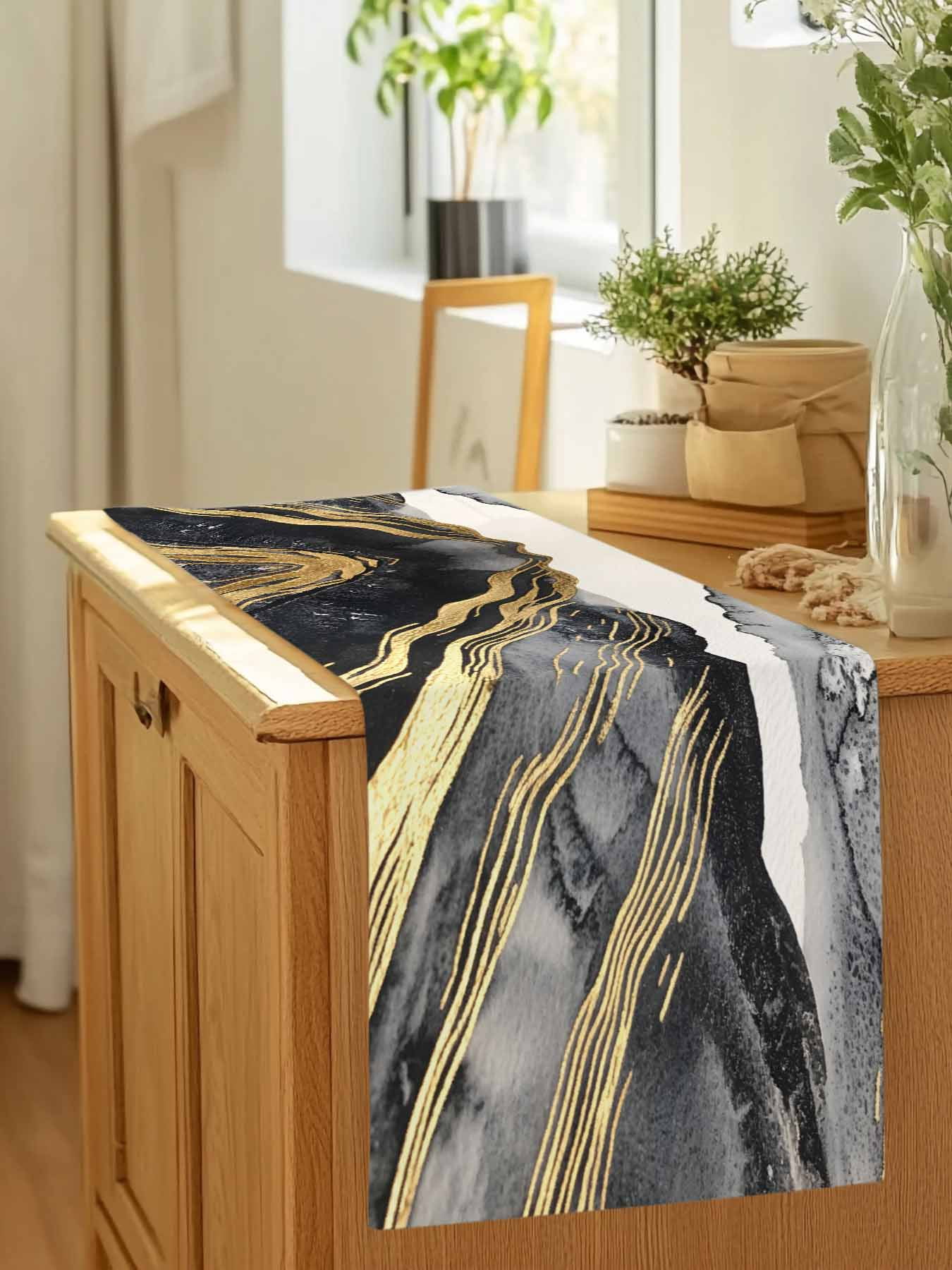 Gray Marble Abstract Stripe Table Runner 90 Inches Long, Gold Foil Modern Luxury Table Runners Tabletop Scarf Kitchen Dining Tables Decoration for Home Party Indoor Outdoor