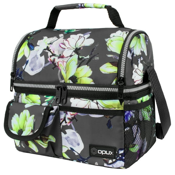 OPUX Insulated Dual Compartment Lunch Bag for Men, Women | Double Deck Reusable Lunch Pail Cooler Bag with Shoulder Strap, Soft Leakproof Liner | Large Lunch Box Tote for Work, School (Floral Grey)