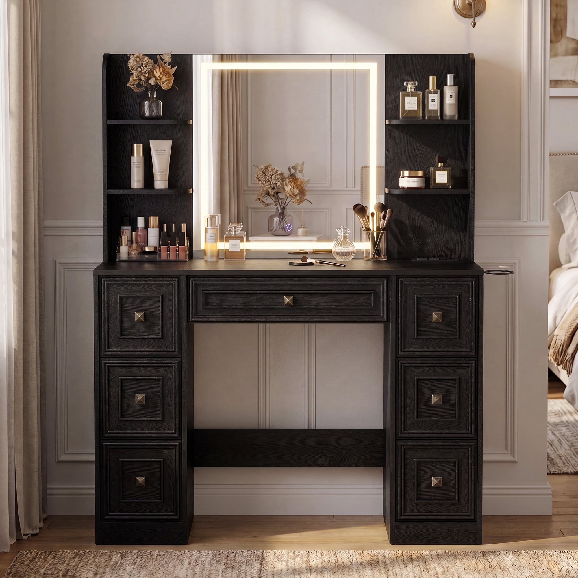 Lacoo Makeup Vanity Desk with LED Lighted Mirror & Charging Station, 7 Drawers Vanity Table with Open Shelves & Hair Dryer Holder for Bedroom Dressing Room, Black