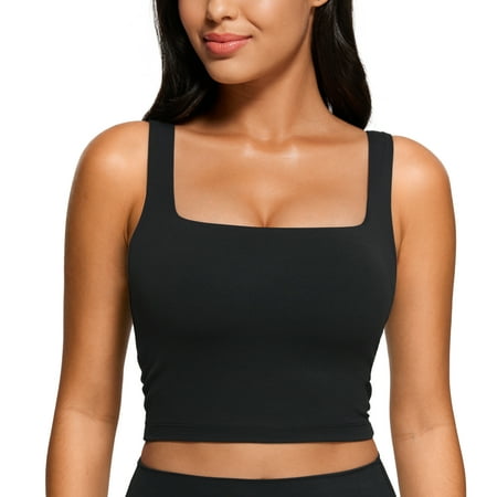 CRZ YOGA Butterluxe Womens Square Neck Longline Sports Bra Workout Crop Tank Tops Padded Yoga Bra