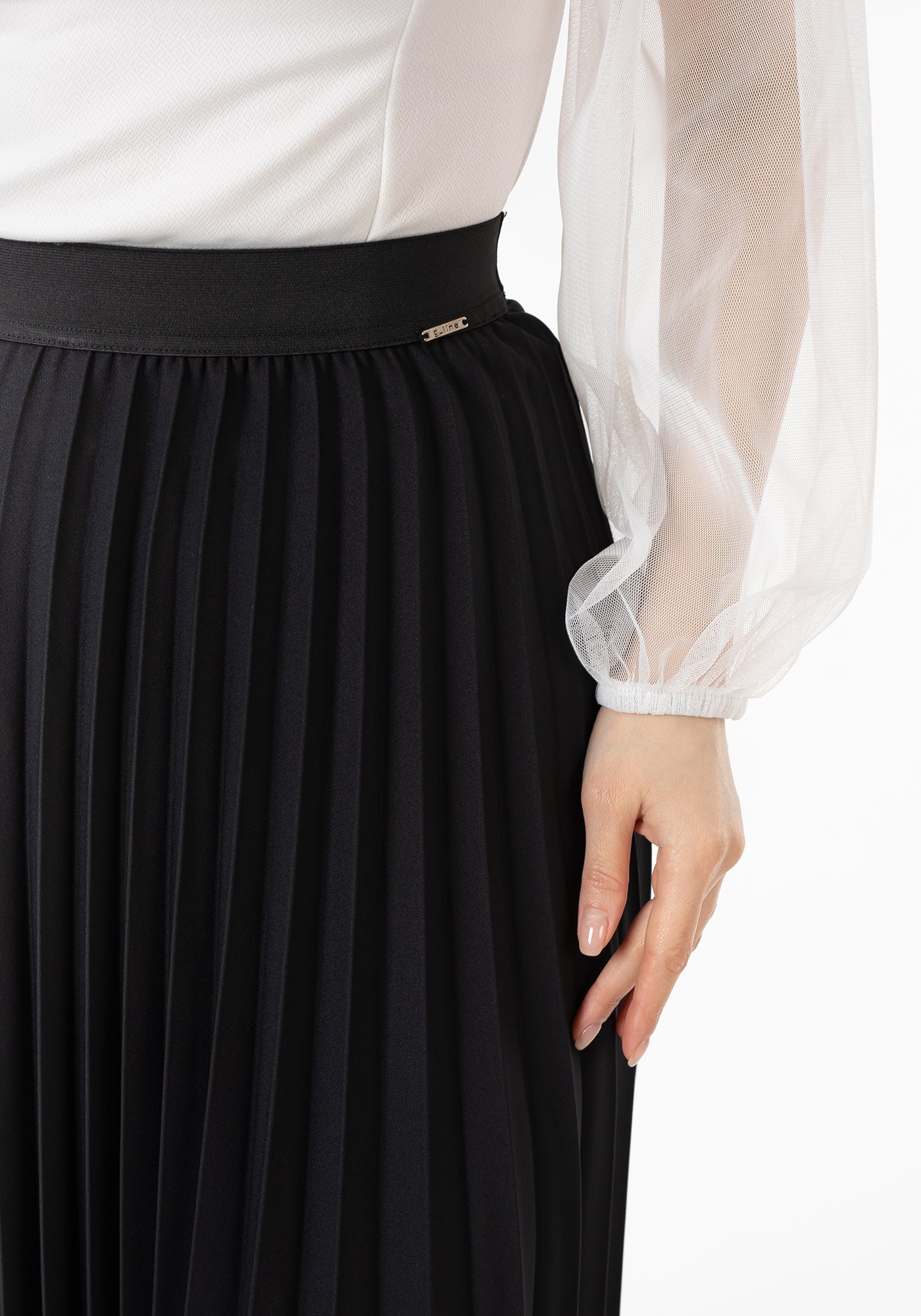 Black Pleated Maxi Skirt with Rainbow Waistband | SilkFred
