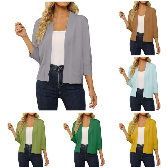 Tanghaowl Summer Cardigan Women's Elegant 3/4 Sleeve Knit Cardigan Slim Fit Fashionable Open Front Outerwear Grey M