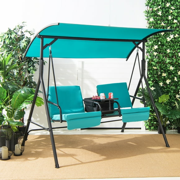 Costway Silla de Columpio para Exteriores de 2 Plazas, Columpio de Patio con Toldo Ajustable, Enfriador, Bandeja Giratoria 360°,Portavasos, Columpio para 2 Personas para Jardín, Piscina, Patio Trasero