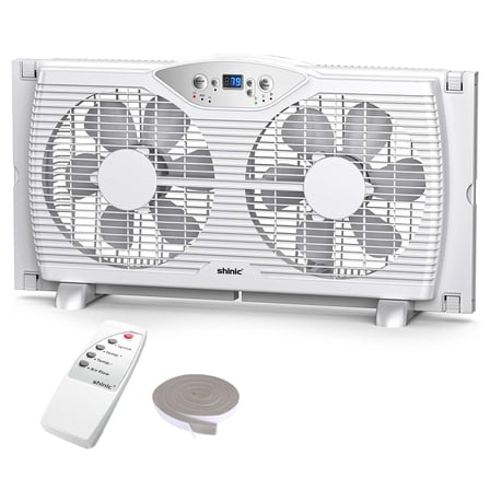 Shinic 9" Twin Window Fan with Thermostat, Reversible Airflow, 3 Speeds, Expandable Width 23.8"-37", ETL Listed