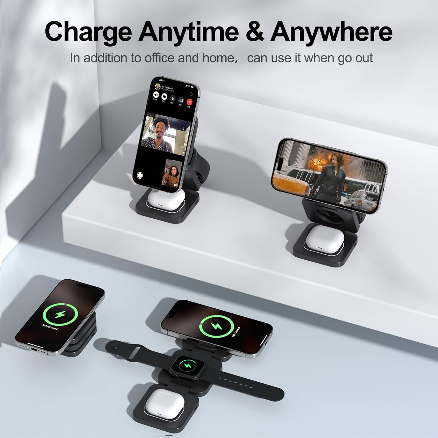 Wireless Charging Station, 3 in 1 Foldable Magnetic Wireless Charger for Apple Device, Qi2 Travel Magnetic Charger Stand for iPhone 16 15 14 13 12 Series, 5W