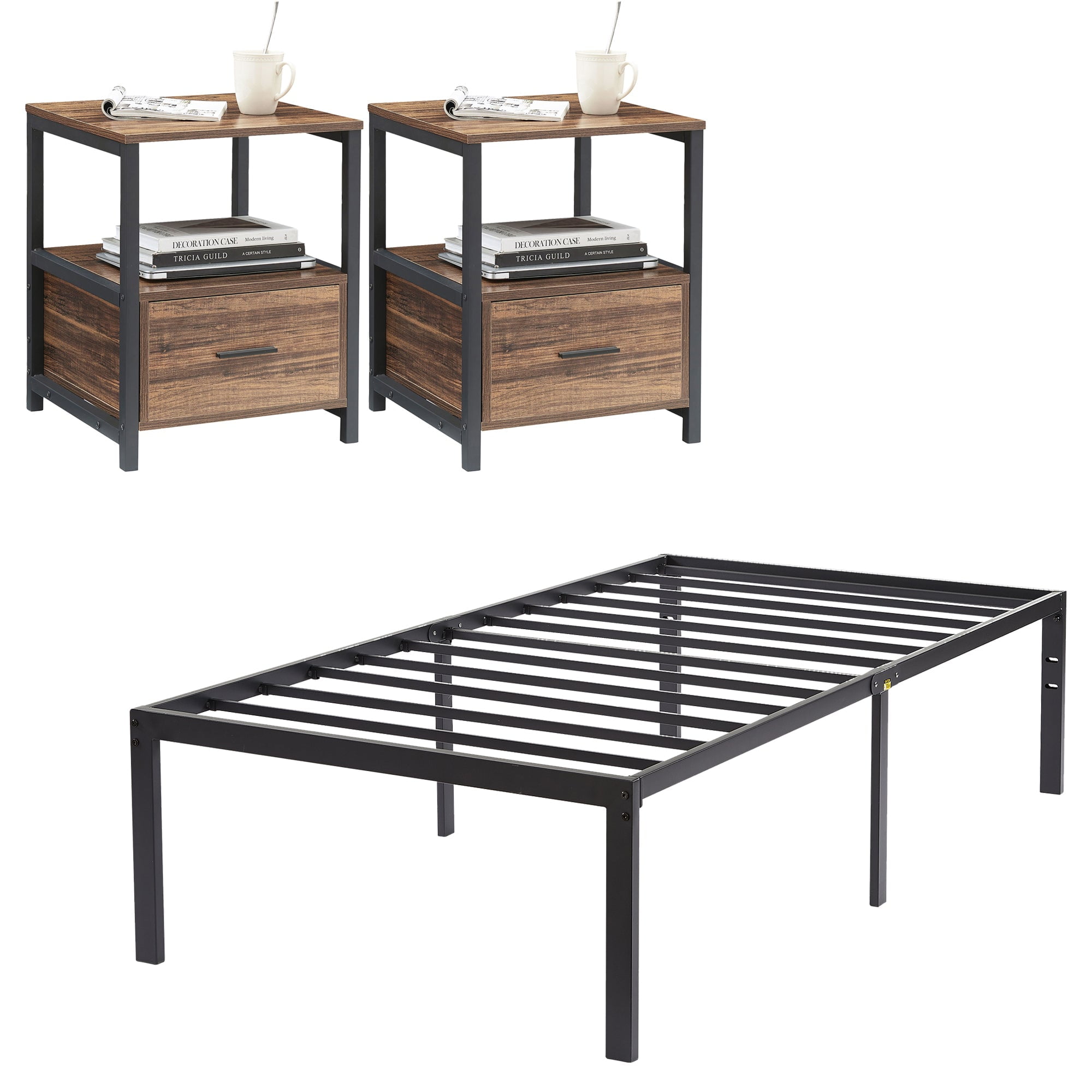 VECELO 3Piece Bedroom Sets Include Metal Platform Bed Frame and 2 Brown Nightstands, Twin Size