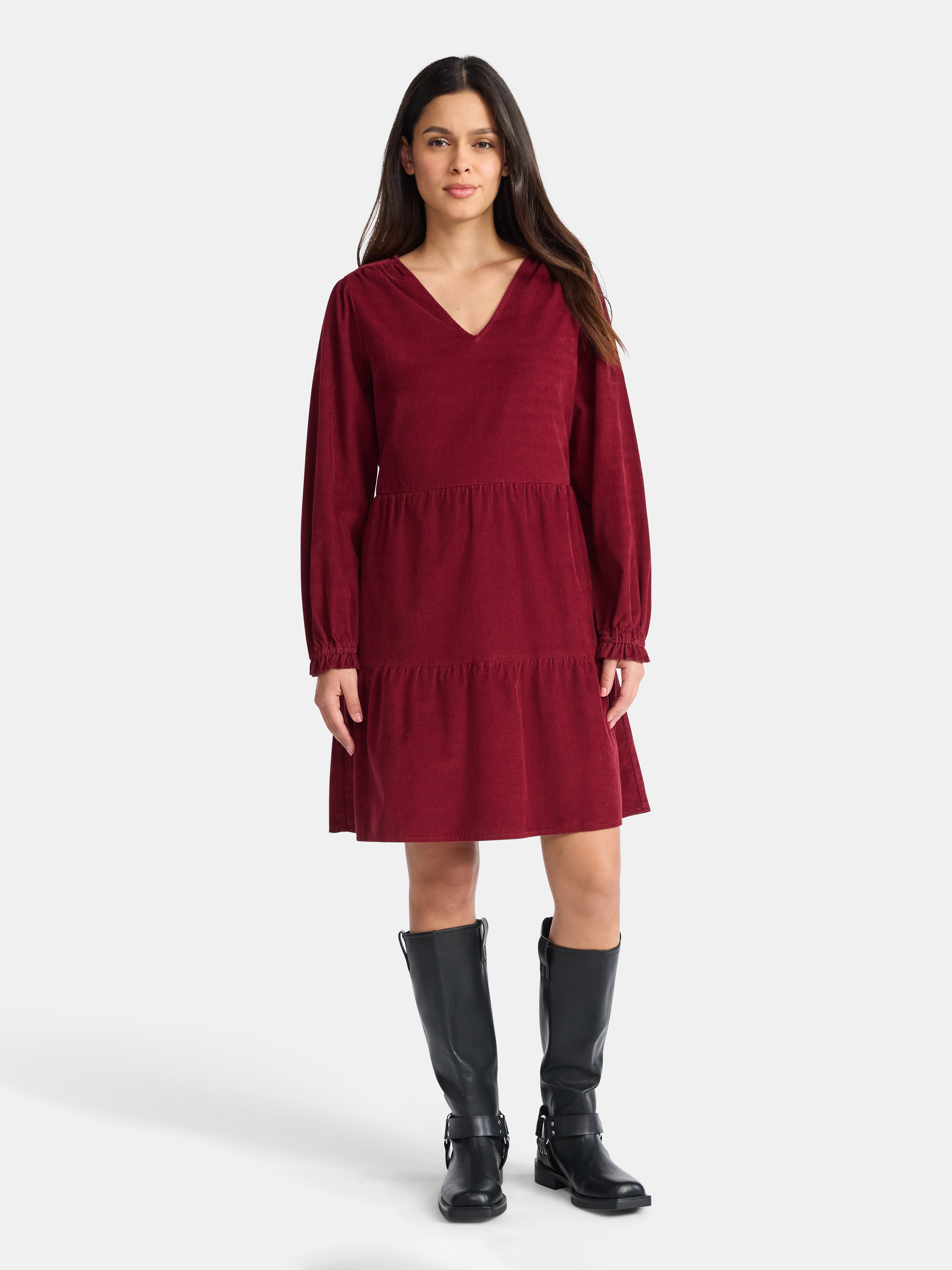 Time and Tru Women's Tiered Corduroy Dress with Long Sleeves, Sizes XS-XXXL