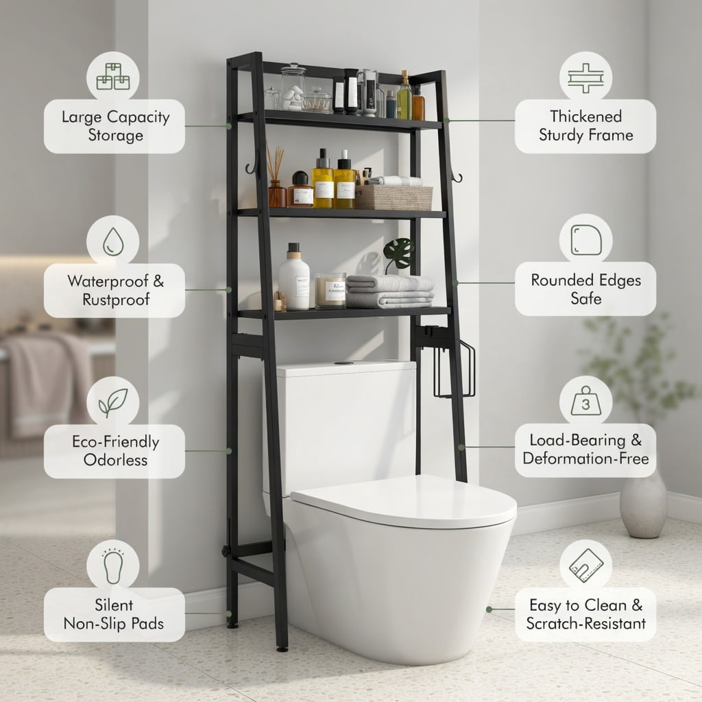 Hommoo 3-Tier Over-the-Toilet Storage Shelf Adjustable Height, Heavy-Duty Metal Bathroom Organizer with Anti-Tip Design, Black