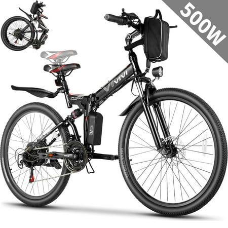Vivi Adult Electric Bicycles Foldable Ebike, 500W 26" Electric Commuter Bicycle, 48V Battery, Full Suspension, Folding Electric Mountain Bike, Adjustable 21 Speed E-Bikes for Adults with Fenders
