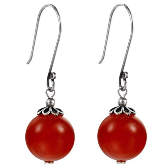 Pendientes de Esfera de Cornalina Roja Timcorr Gancho de Plata 1.38 Pulgadas