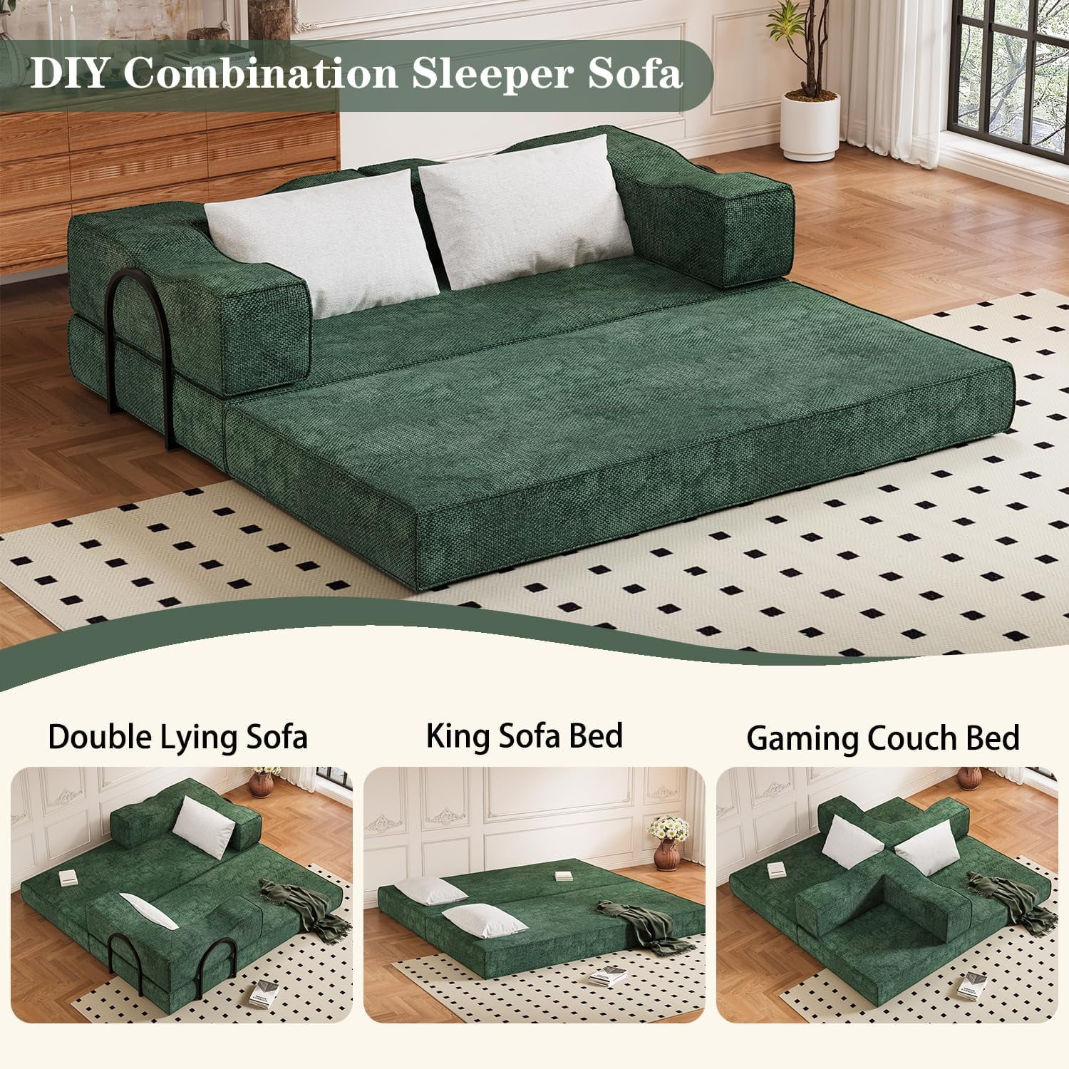 CAPCAEK 80" Convertible Sofa Bed, Chenille Foldable Sleeper Loveseat with Memory Foam and 2 Pillows, Green