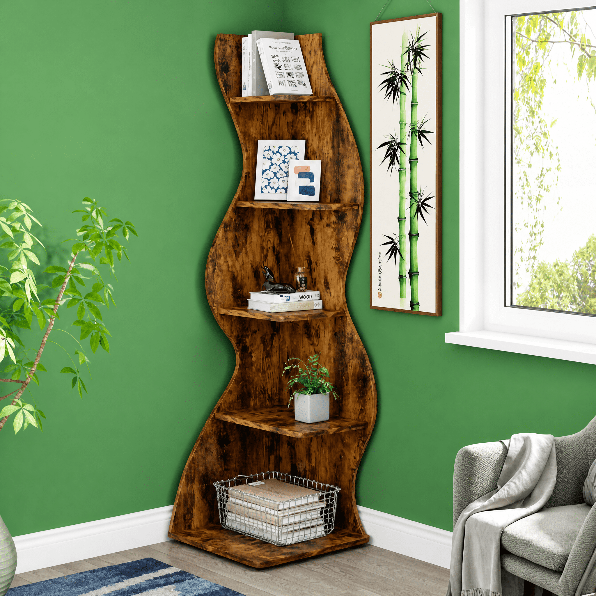 5-Tier Vintage Shelving Unit Brown with Sea Grass Design, Adjustable Shelves, High-Quality Board, for Home/Office Organization