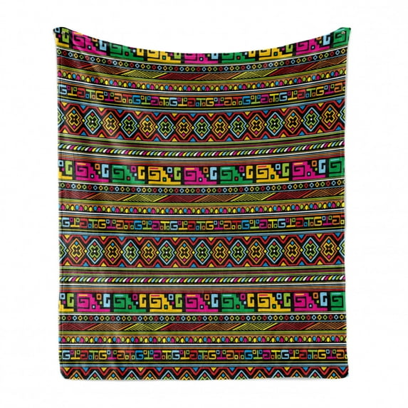 African Soft Flannel Fleece Throw Blanket, Ancestral Borders in Lively Colors Geometric Indigenous Culture Art Design, Cozy Plush for Indoor and Outdoor Use, 70" x 90", Multicolor, by Ambesonne