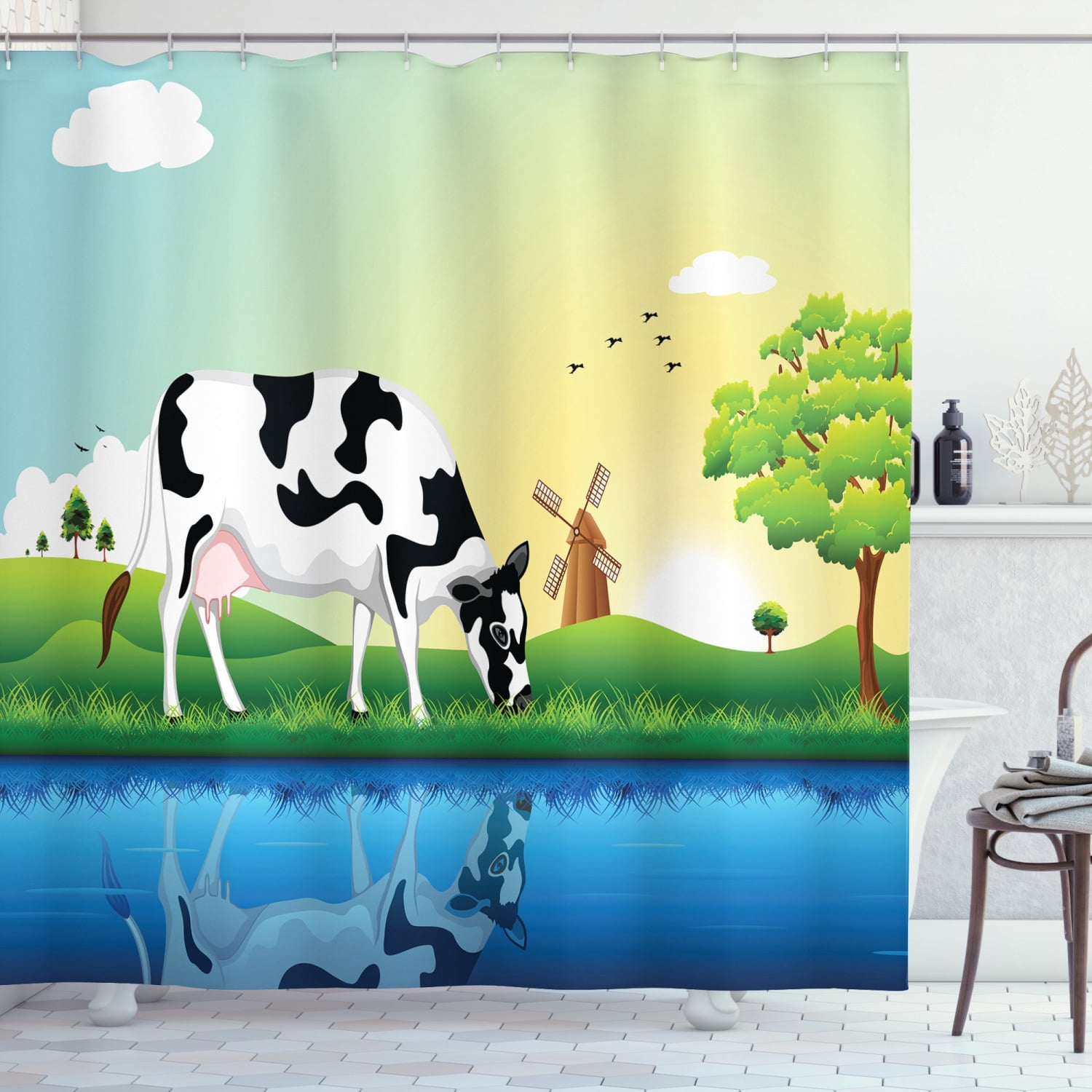 Cattle Shower Curtain, Graphic Design Grazing Cow in the Field with