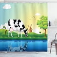 thumbnail image 1 of Cattle Shower Curtain, Graphic Design Grazing Cow in the Field with Trees Near Lake and Windmill Pattern, Fabric Bathroom Set with Hooks, 69W X 70L Inches, Multicolor, by Ambesonne, 1 of 3