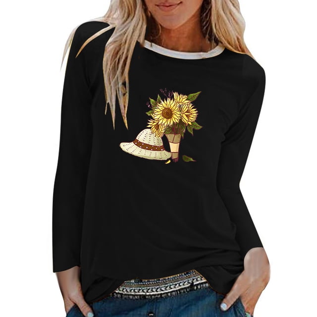 Pompotops Mode T-shirt Blouse à Manches Longues Col Rond Imprimé Décontracté pour Femmes