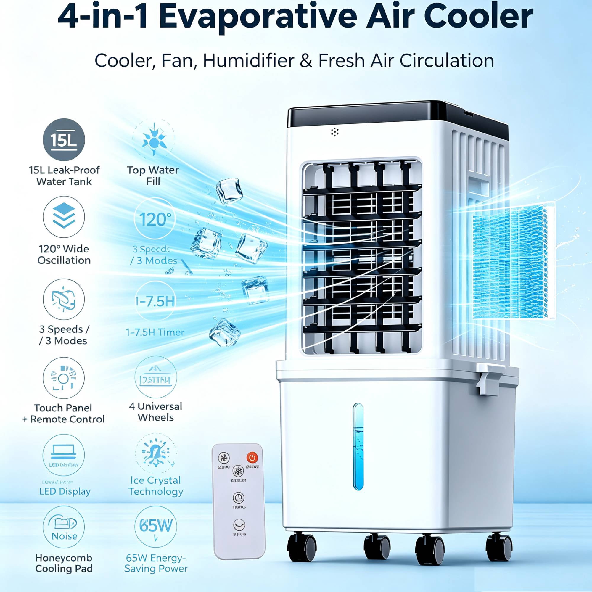 4-in-1 Portable Air Cooler White, Evaporative Cooling Fan with 15L Tank & 120° Oscillation, 3 Speeds Modes (white)