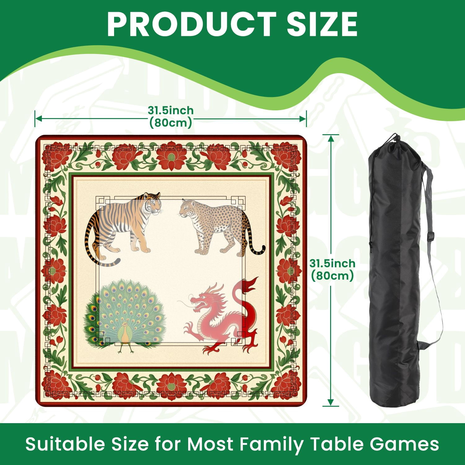 Mahjong Mat 31.5" x 31.5" Tiger Leopard Peacock Red Dragon Floral Border Non-Slip Noise Reduction American Mahjong Tiles Table Cover for Dominoes Poker Card Board Games Gift