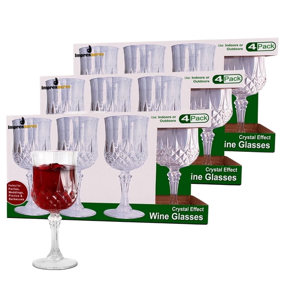 Impresserve 8 oz Clear Plastic Wine Glasses, Crystal-Like Disposable Stemware, 12 Count
