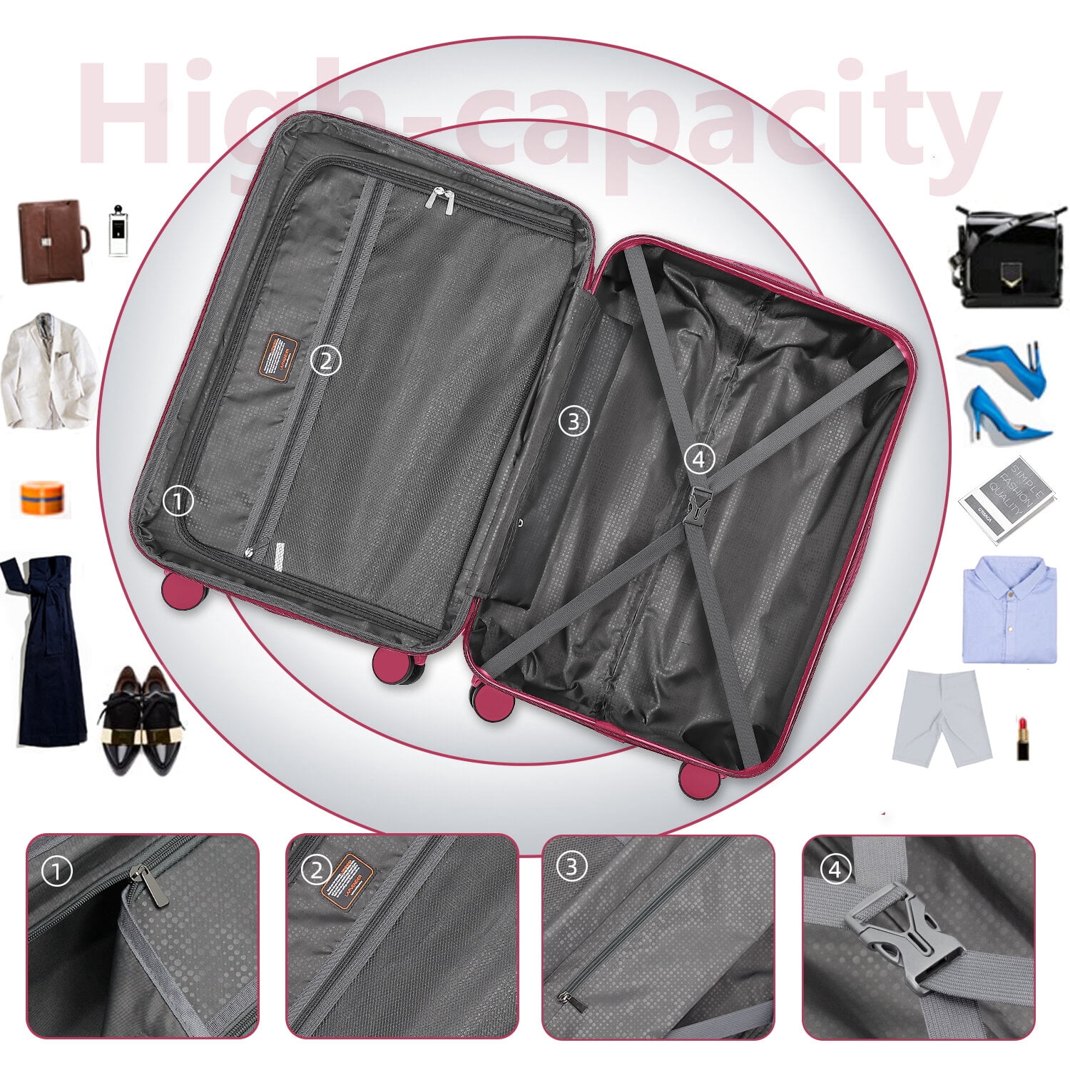 Hardside Suitcase, Luggage Sets 6 Pieces with Duffel Bags, Hardside Expandable Suitcases with Spinner Wheels TSA Lock, Rose Red, Rose Red Hardside Luggage,Abs Hardside Checked Luggage