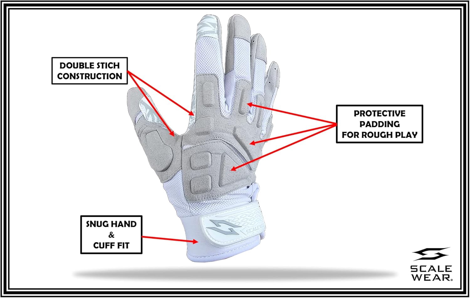Scale Wear Design White Stealth Football Lineman Gloves with Tach Grip Silicone Palms. Adult Men's Youth Boys Sticky Lineman Wide Receiver Flag Football Boost Your Game! (Youth-XL, White-Grey)