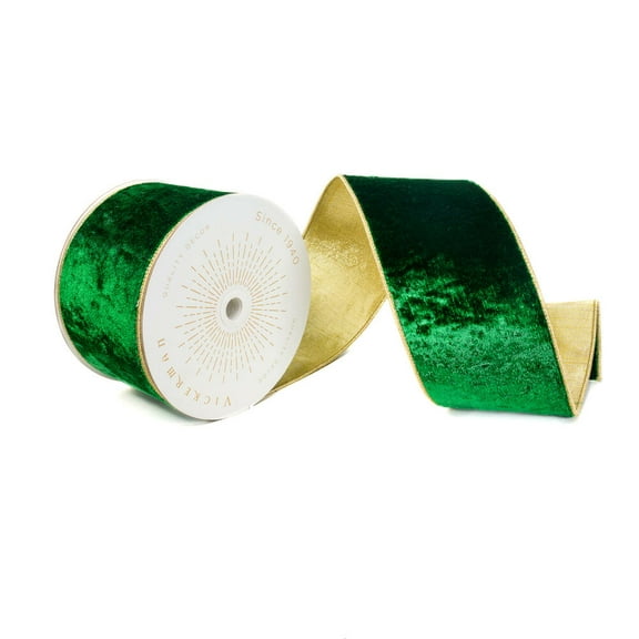 Vickerman QK241955 4 in. x 10 Yards Emerald Shiny Velvet Gold Trim Wired Ribbon