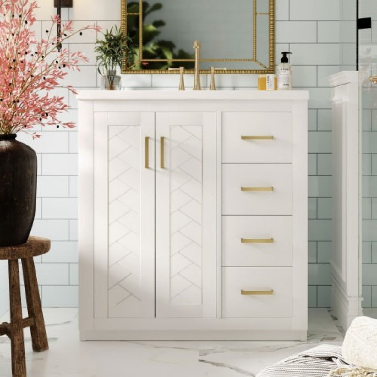 30" Bathroom Vanity with Ceramic Sink Combo, Freestanding Bathroom Vanity Cabinet with 3 Drawers, Solid Wood Frame, Retro Style, White