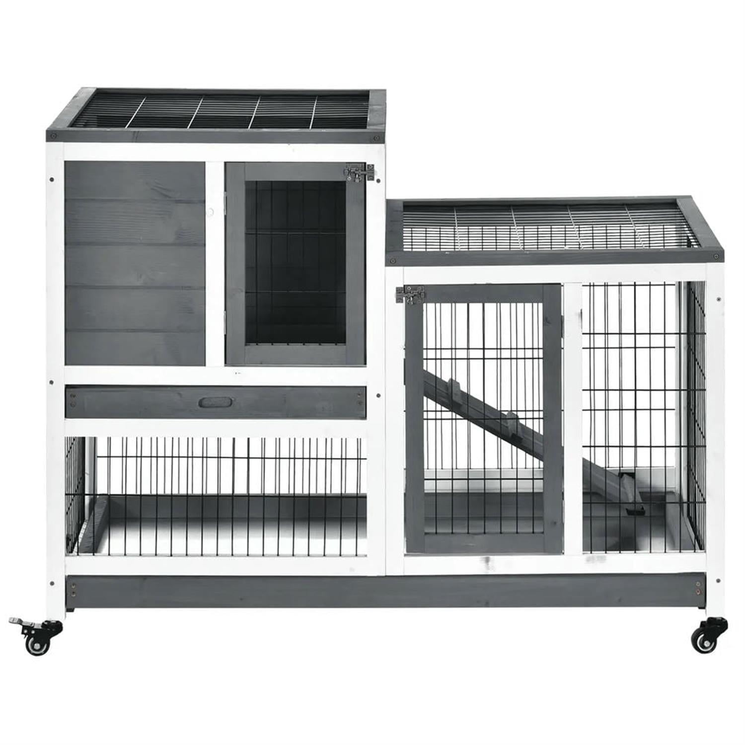 resenkos 43" 2-tier Wooden Rabbit Hutch with Wheels and Slide-out Tray, Outdoor Small Animal Habitat Chicken Coop Bunny Cage for Bunnies, Guinea Pigs, Gray