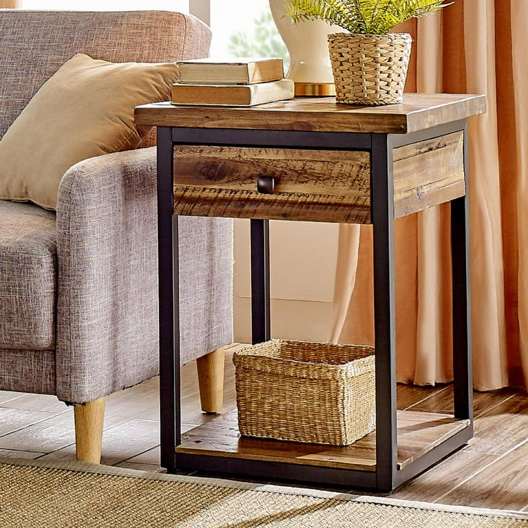 Country Cottage Chairside End Table With Drawer – Narrow Rustic Farmhouse Side Table In Distressed White, For Living Room, Bedroom Or Entryway