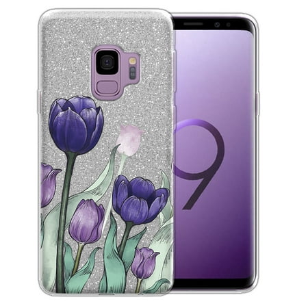 FINCIBO Silver Gradient Glitter Case, Sparkle Bling TPU Cover for Samsung Galaxy S9, Tulips