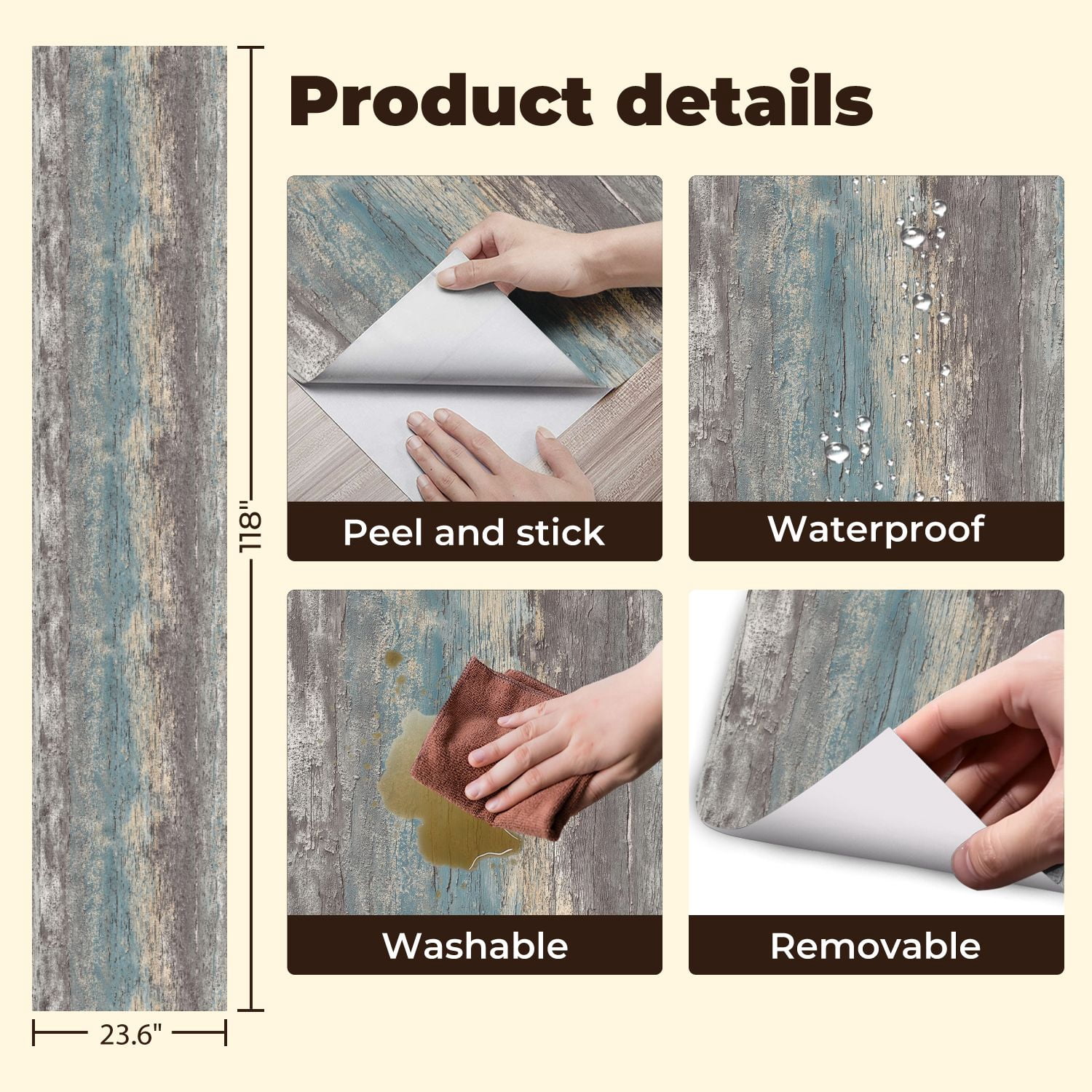 Peel and Stick Wallpaper Weathered Wooden Plank Texture Peeling Blue Beige Paint Wall Mural 23.6in x 9.8ft Self Adhesive Removable Wall Paper Renter Friendly Wallpaper for Nursery Bedroom Cabinets