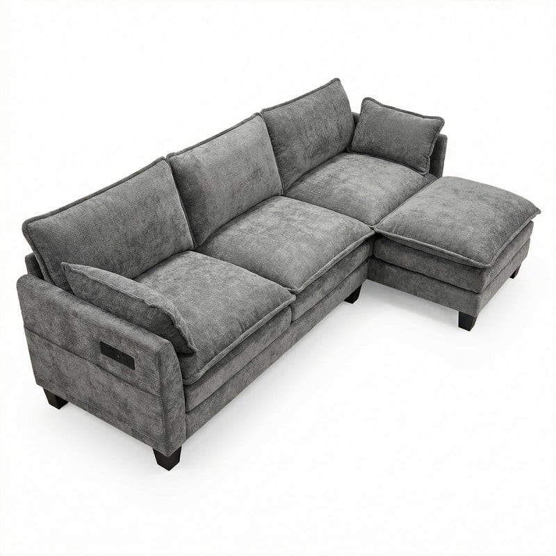 Howcool 110"W Modern Chenille Sectional Sofa with Ottoman,L-Shaped Modular Sofa Couch with USB Ports for Living Room,Dark Grey