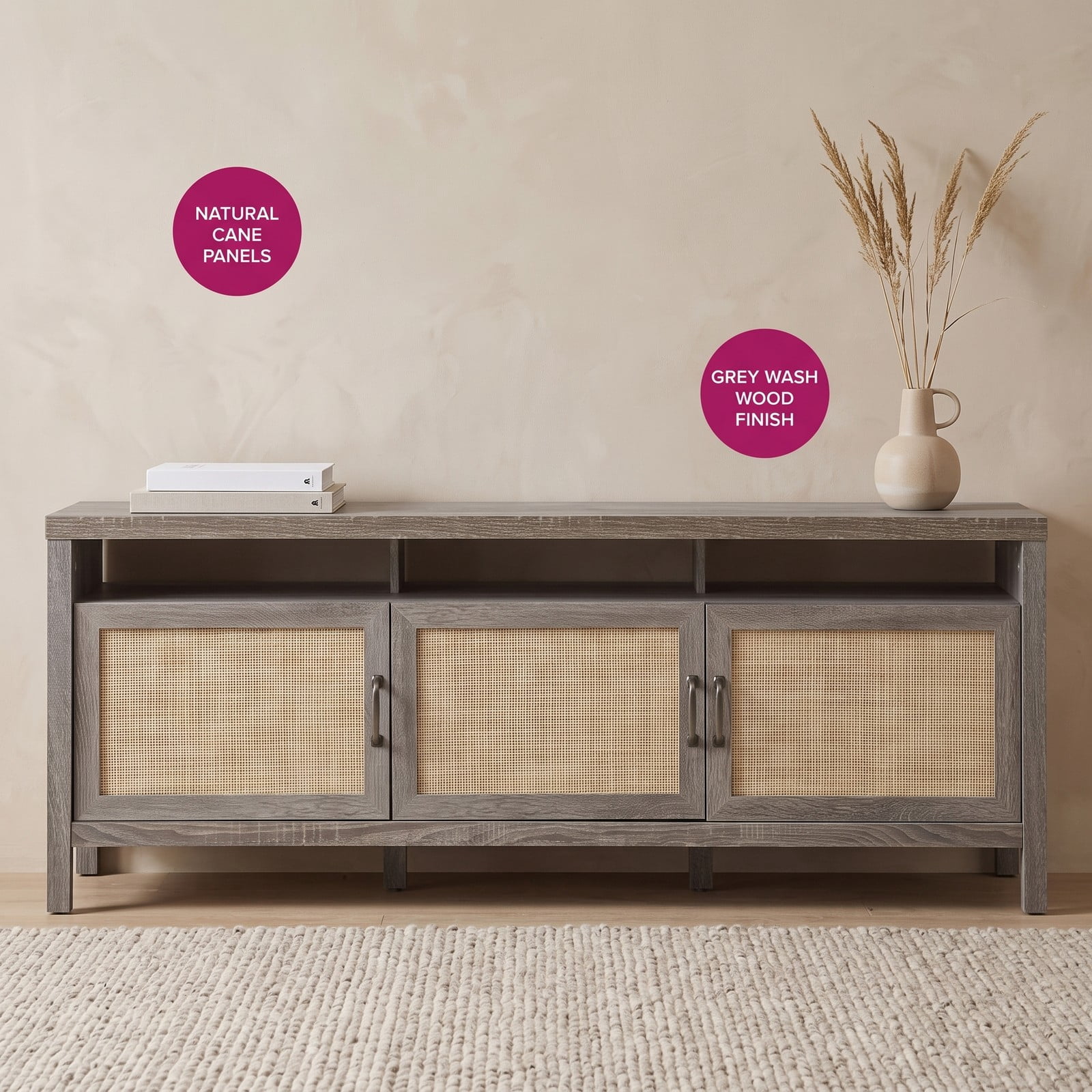 Furnibear Universal TV Stand Entertainment Media Center Console with Rattan Cabinets and Open Shelf for TVs up to 65 Inch, Living Room Bedroom Storage Furniture, Gray