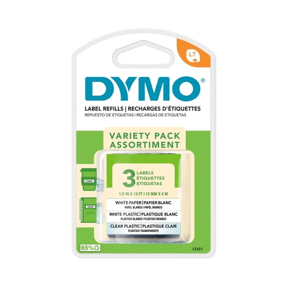 DYMO LT Labels Variety Pack, 1/2-Inch x 13-Foot Rolls, Black Print, 3 Rolls, for LetraTag label makers